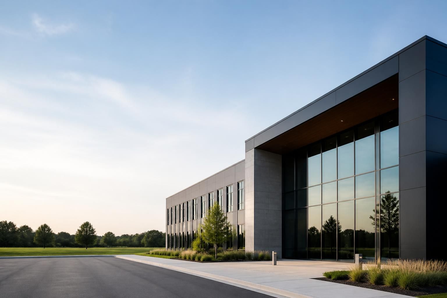 Finished modern commercial building exterior with open space for text overlay.